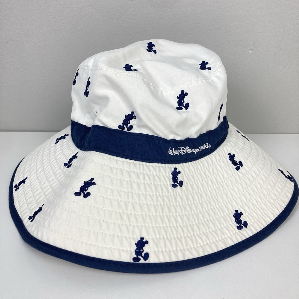Walt Disney Parks Wide Brim White Sun Hat Navy Blue Mickey Mouse Print Adult OS
